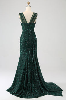 Bainha verde escura brilhante lantejoulas plissado longo vestido de baile com coxa dividida