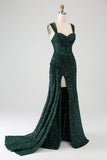 Bainha verde escura brilhante lantejoulas plissado longo vestido de baile com coxa dividida
