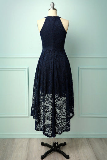 Vestido assimétrico de renda azul marinho