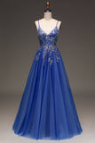 A-Line Sequins Royal Blue Prom Vestido com Apliques