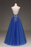 A-Line Sequins Royal Blue Prom Vestido com Apliques