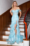 Sereia elegante fora do ombro Sky Blue Long Prom Dress com babados de renda
