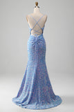 Sparkly Sequins Sereia Vestido de Baile Azul Claro com Fenda