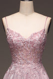 Glitter Esparguete Correias Blush Prom Dress com Missangas