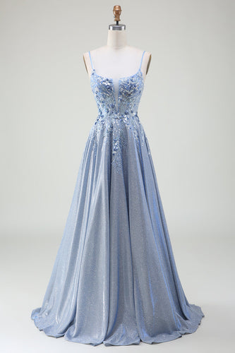 Glitter A-Line Esparguete Correias Cinzento Azul Vestido de Baile
