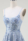 Glitter A-Line Esparguete Correias Cinzento Azul Vestido de Baile