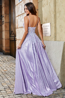 Lilás A-Line Esparguete Correias Long Glitter Prom Dress Com Missangas