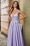 Lilás A-Line Esparguete Correias Long Glitter Prom Dress Com Missangas