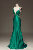 Verde profundo V-neck cetim sereia vestido de baile com renda-up para trás