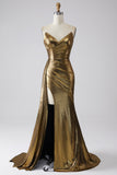 Brilhante Sereia Dourado Metalizado Vestido de Baile de Formatura com Fenda