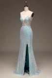 Brilhante Sereia Cinza Vestido Azul Baile de Formatura com Fenda