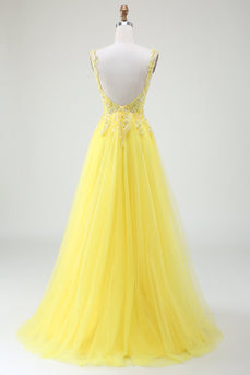 Tule frisado amarelo espartilho vestido de baile com fenda