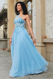 Lindo A Line One Shoulder Light Blue Corset Prom Dress com Appliques