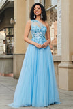 Lindo A Line One Shoulder Light Blue Corset Prom Dress com Appliques