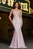 Sereia Trendy Esparguete Correias Blush Long Prom Dress com Missangas