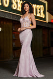 Sereia Trendy Esparguete Correias Blush Long Prom Dress com Missangas