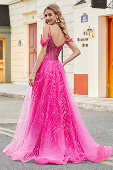 A-Line Cold Shoudler Sparkly Hot Pink Corset Prom Dress com Missangas