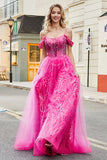 A-Line Cold Shoudler Sparkly Hot Pink Corset Prom Dress com Missangas