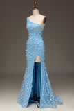 Sereia Azul Clara Um Ombro Lado Fenda Vestido de Baile de Lantejoulas com Apliques
