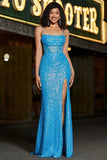 Deslumbrante sereia espaguete correias azul espartilho vestido de baile com frente dividida