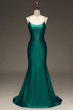 Cetim Sereia Lace-Up Back Dark Green Prom Dress com Espartilho