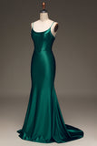 Cetim Sereia Lace-Up Back Dark Green Prom Dress com Espartilho