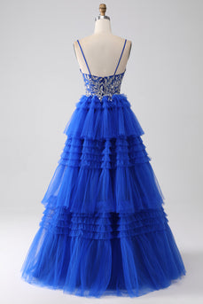 Vestido de baile de formatura azul real com lantejoulas