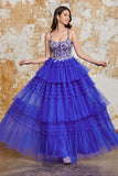 Lindo A Line Spaghetti Straps Royal Blue Long Prom Dress com Folhos Appliques