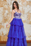 Lindo A Line Spaghetti Straps Royal Blue Long Prom Dress com Folhos Appliques