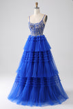 Vestido de baile de formatura azul real com lantejoulas
