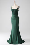 Sereia Verde Escuro Alças Esparguete Longo Corset Prom Dress