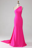 Sereia rosa quente um ombro longo vestido de baile