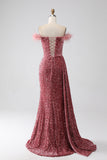 Sereia Fora do Ombro Blush Sequins Prom Dress com Fenda