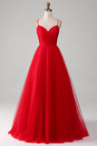 Tule Vermelho Plissado V-neck A-line Tie Back Prom Dress