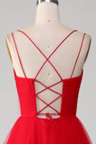 Tule Vermelho Plissado V-neck A-line Tie Back Prom Dress