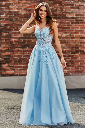 Lindo A Line Spaghetti Straps Light Blue Corset Prom Dress com Apliques