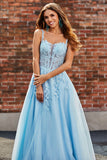 Lindo A Line Spaghetti Straps Light Blue Corset Prom Dress com Apliques
