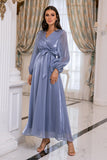 Vestido de mãe de mangas compridas azuis
