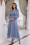 Vestido de mãe de mangas compridas azuis
