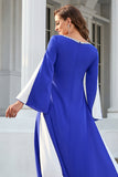 Vestido de mãe patchwork azul e branco