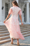 Vestido de festa de mangas de puff de pescoço v rosa v