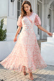 Vestido de festa de mangas de puff de pescoço v rosa v