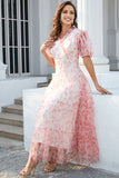 Vestido de festa de mangas de puff de pescoço v rosa v