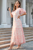 Vestido de festa de mangas de puff de pescoço v rosa v