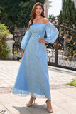 Cinza azul fora do ombro mãe do vestido de noiva