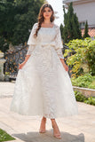 Vestido formal de festa de pescoço quadrado branco