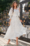 Vestido formal de festa de pescoço quadrado branco