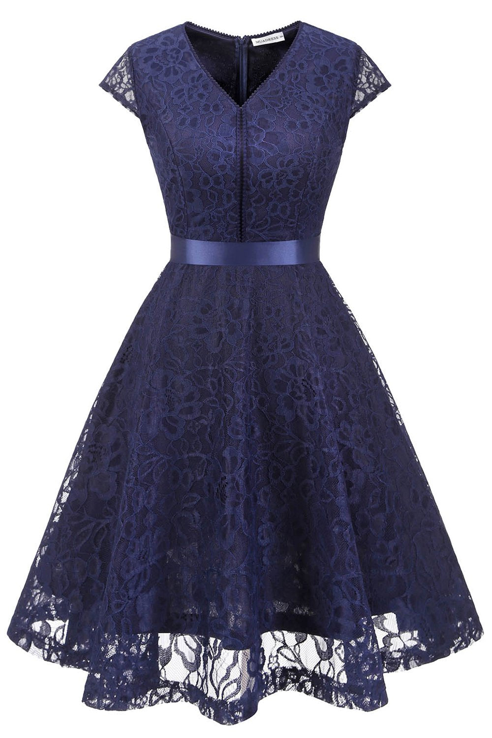 Vestido de dama de honra de renda de pescoço v da marinha v
