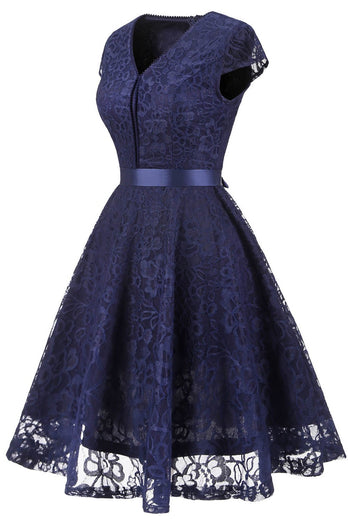 Vestido de dama de honra de renda de pescoço v da marinha v