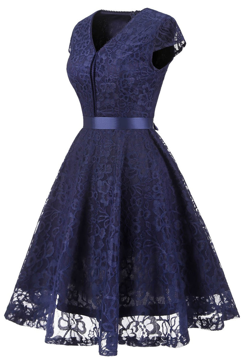 Carregar imagem no visualizador da galeria, Vestido de dama de honra de renda de pescoço v da marinha v